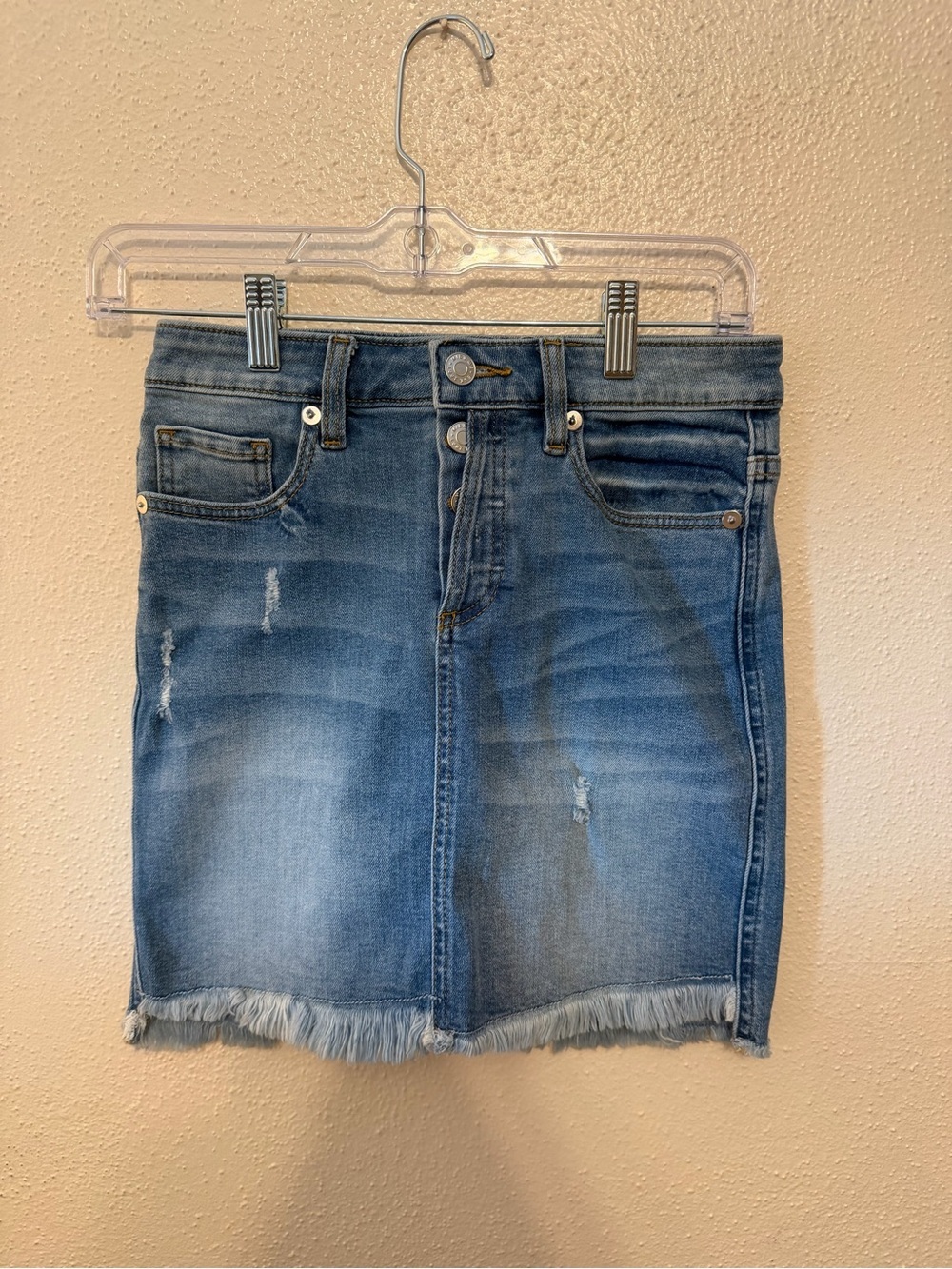 Miss Me Med Wash Blue Denim Jean Skirt Mini Button Fly Fray Hem